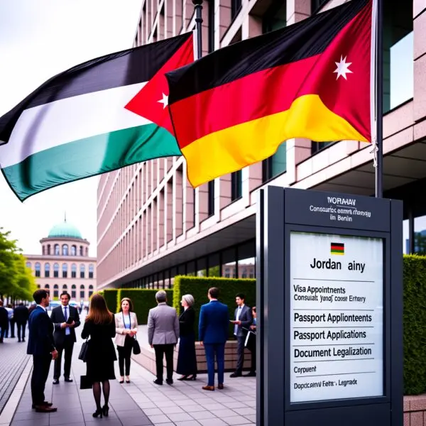 Die jordanische Botschaft in Berlin ist die zentrale Anlaufstelle für Visumanträge, Passangelegenheiten und Legalisationen. Das Honorarkonsulat in Düsseldorf ergänzt das konsularische Netzwerk in Deutschland.